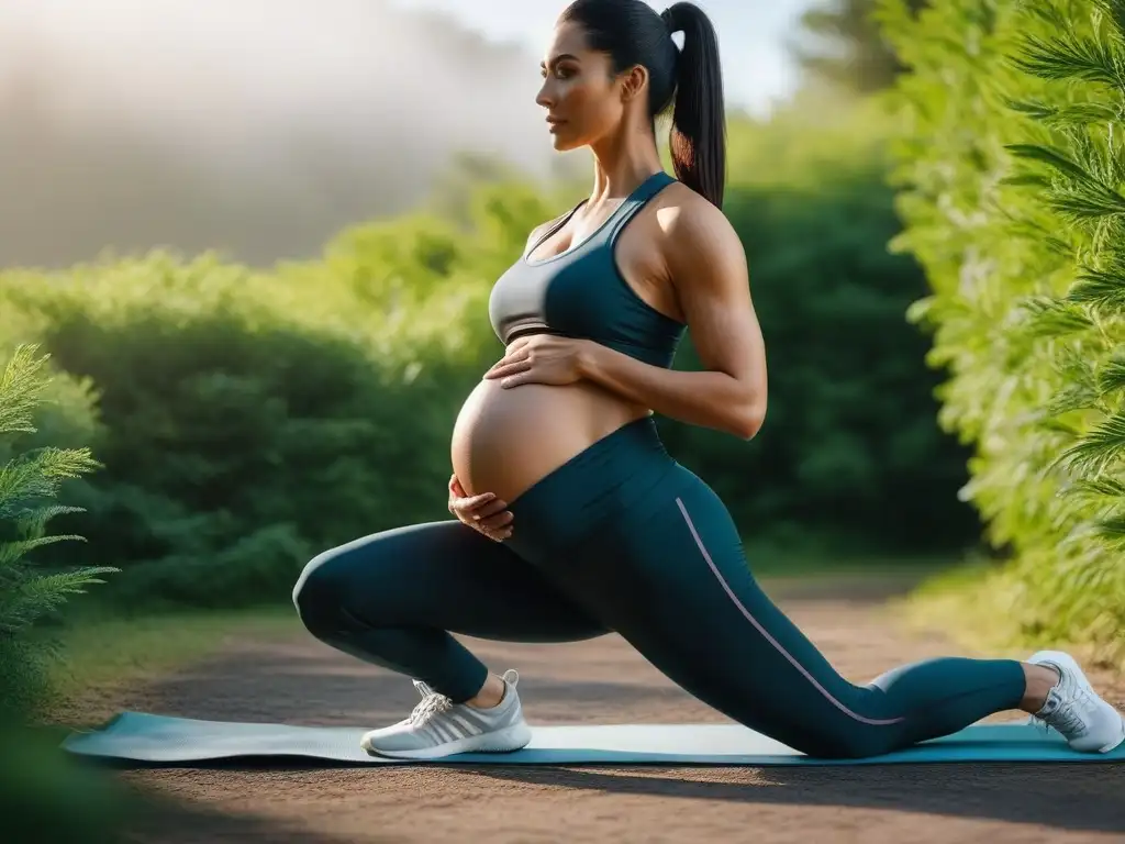 Moda para embarazadas: Maternidad activa con estilo Mujer embarazada en ropa de maternidad fitness moderna practicando yoga al aire libre, equilibrio perfecto entre funcionalidad y estilo