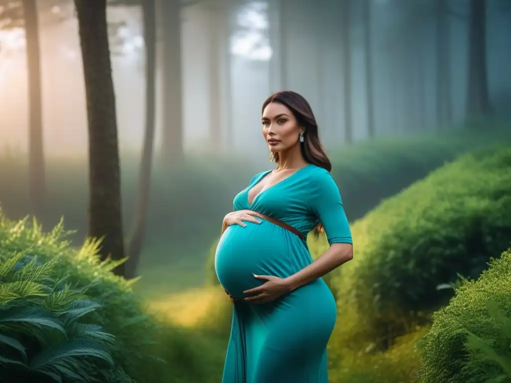 Moda de maternidad sostenible: mujer embarazada empoderada en entorno verde Una mujer embarazada luce segura en su atuendo de Ropa maternal sostenible embarazo, rodeada de naturaleza exuberante