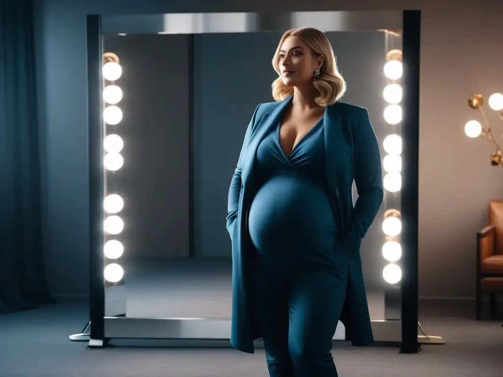 Moda premamá plus size: orgullo y estilo en el espejo Una mujer embarazada y segura de sí misma en un elegante atuendo de maternidad para tallas grandes
