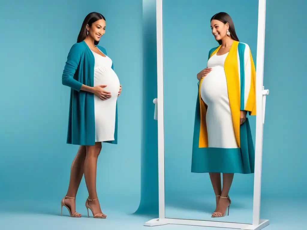 Embarazo fashion: mujer radiante probando outfits en espejo Una mujer embarazada segura y elegante probándose ropa maternal en tallas especiales frente al espejo, reflejando empoderamiento y estilo