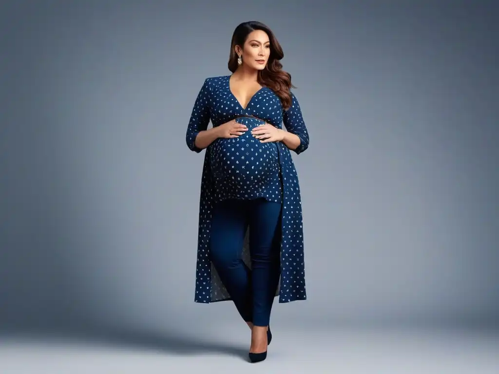 Moda premamá plus size: elegancia y confianza Una mujer embarazada segura y elegante en ropa de maternidad moderna para tallas grandes