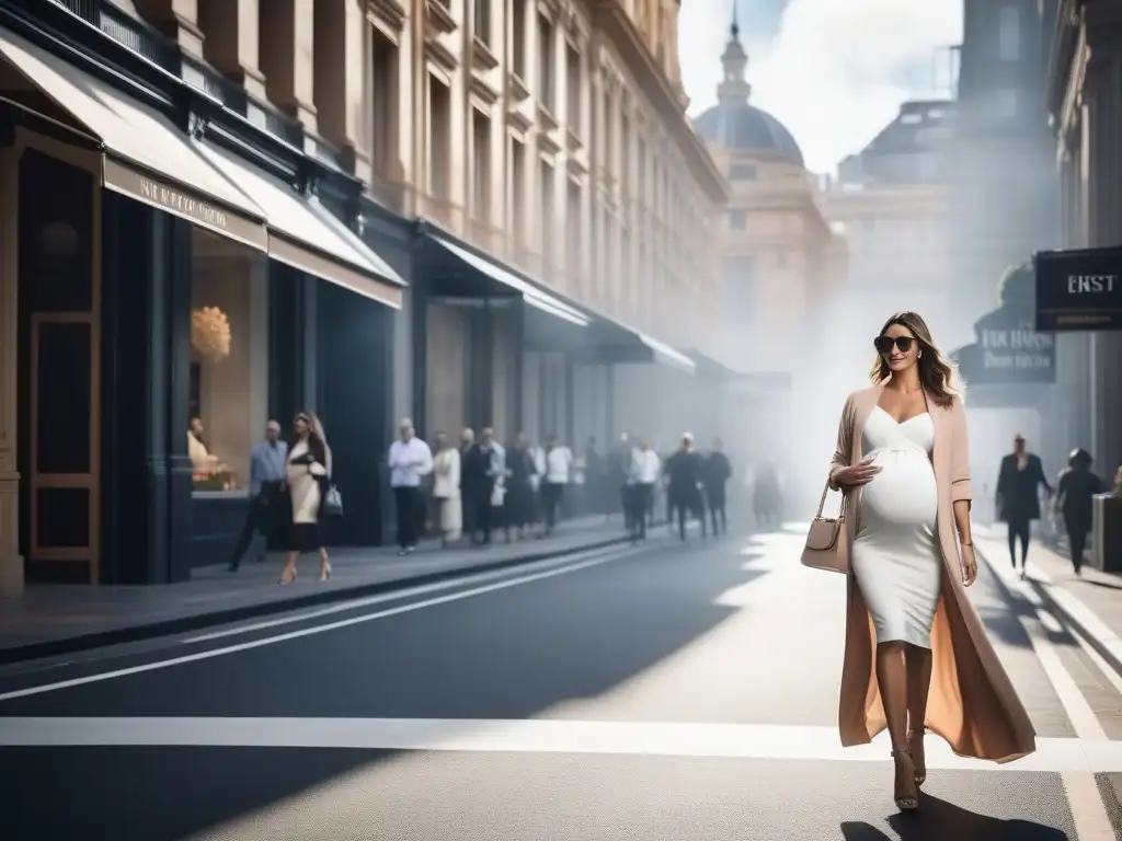 Embarazada de lujo: moda maternidad exclusiva en Sydney Una mujer embarazada camina con seguridad por una concurrida calle de Sídney, luciendo moda maternal de lujo de tendencia