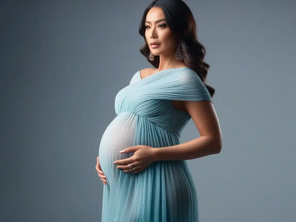 Embarazo moderno: Mujer empoderada en sesión fotográfica minimalista Una mujer embarazada posa con seguridad en un estudio minimalista, resaltando su elegancia y empoderamiento