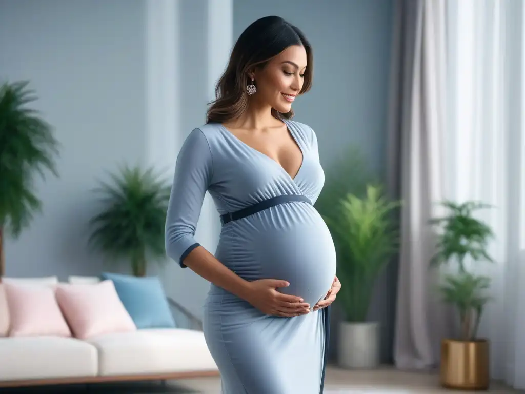 Moda maternidad innovadora para embarazadas felices Una mujer embarazada sonriente en un atuendo de maternidad ajustable y cómodo, en una habitación elegante y luminosa