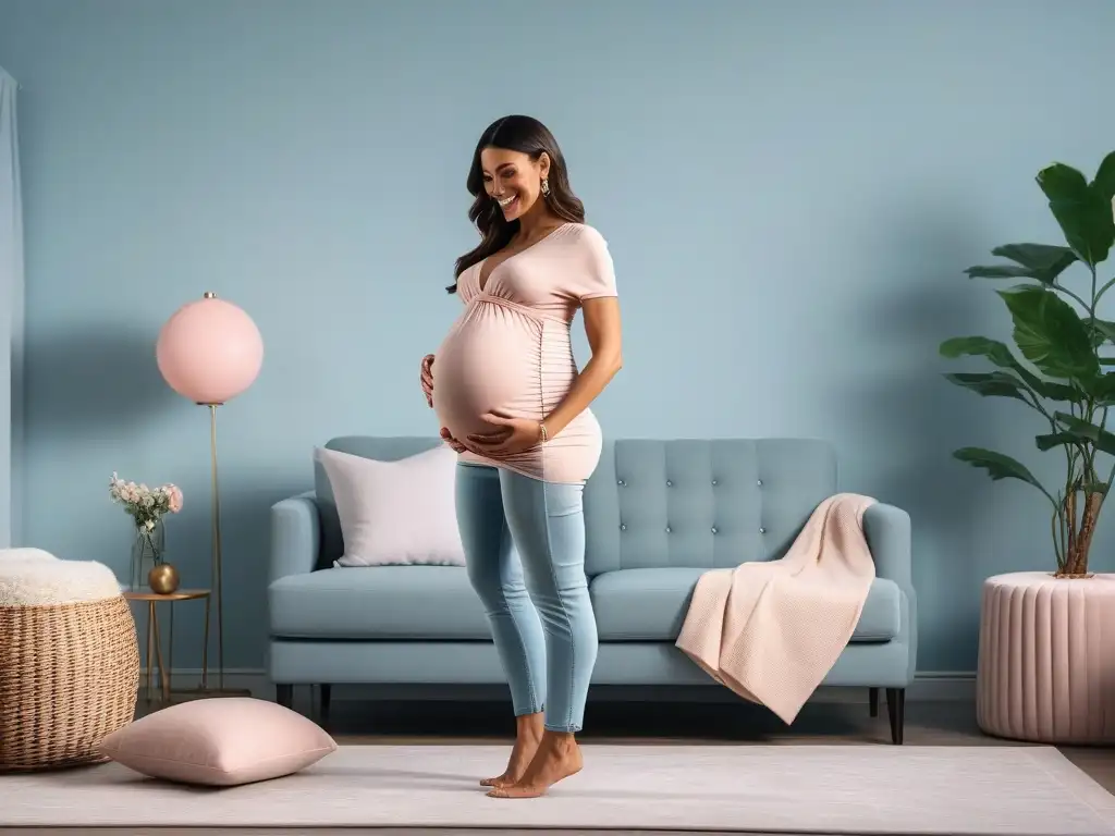 Embarazada feliz en moderna habitación de bebé Una mujer embarazada sonriente en un cuarto de bebé moderno y elegante