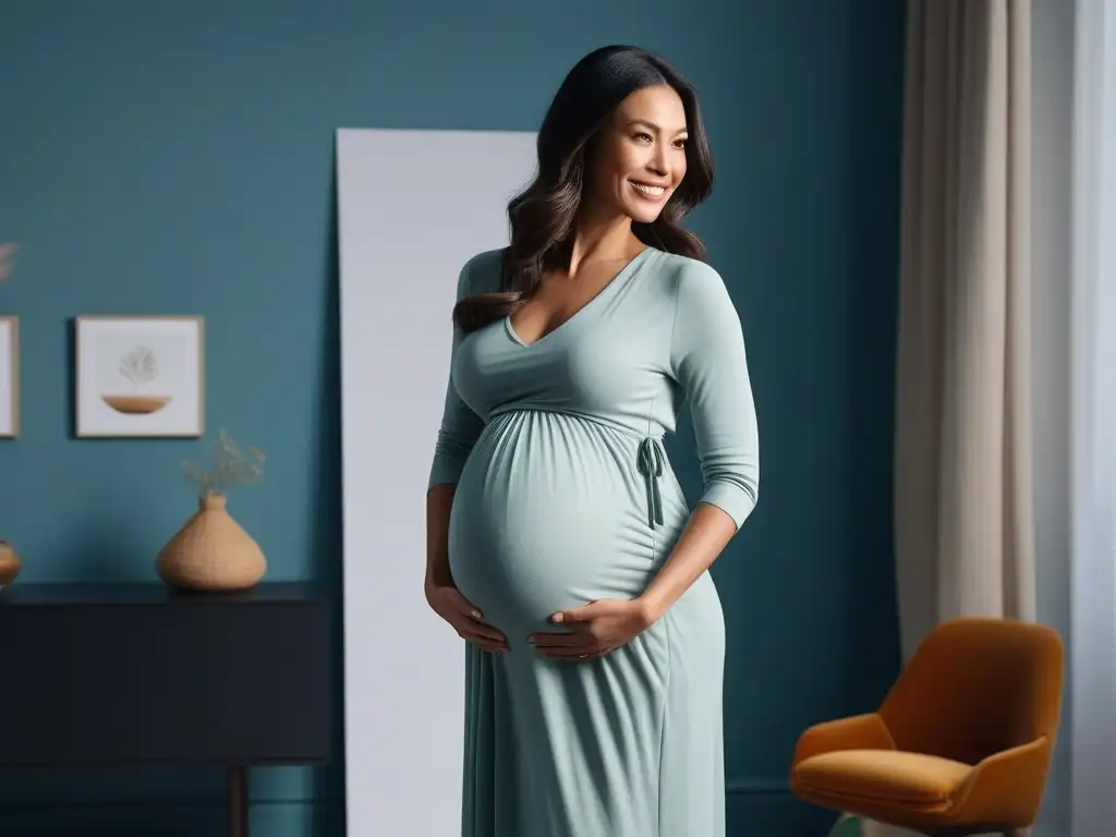 Moda Maternidad Sostenible: Sonrisa en Nursery Eco Una mujer embarazada sonriente viste elegante ropa maternidad sostenible y cómoda en un dormitorio moderno y sereno
