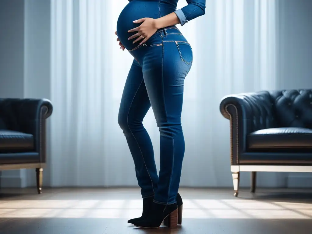 Embarazada radiante en modernos jeans de maternidad Mujer embarazada sonriente en habitación luminosa, luciendo jeans maternales de ajuste perfecto