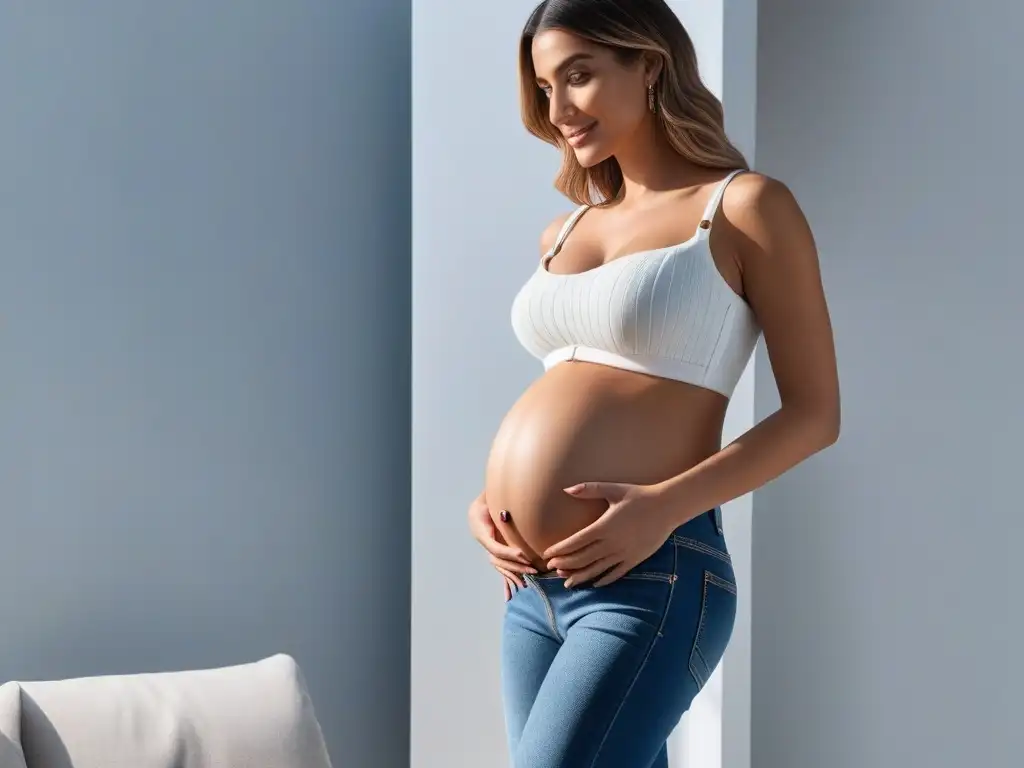Embarazada feliz probándose jeans de maternidad Una mujer embarazada sonriente se prueba unos jeans maternales, disfrutando de un ajuste perfecto