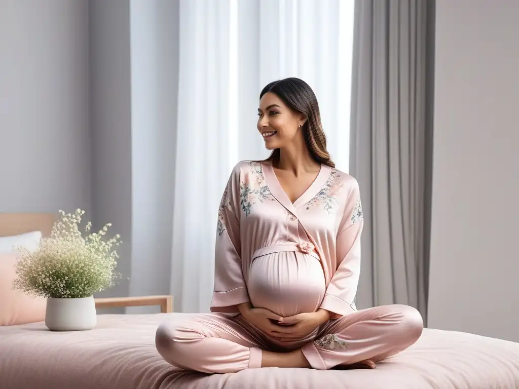 Embarazada radiante en pijama de maternidad elegante y acogedor Una mujer embarazada sonriente en pijama de maternidad cómodo y estiloso, acariciando su barriga en un dormitorio elegante y sereno