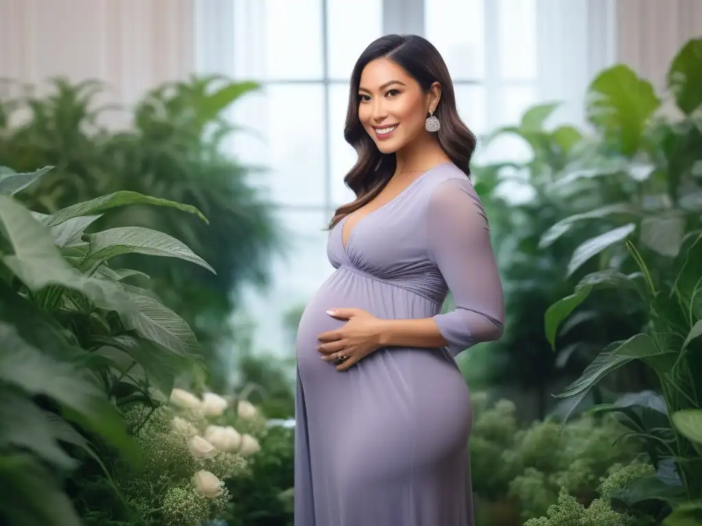 Moda materna chic para tallas especiales: radiante y elegante Una mujer embarazada con una sonrisa radiante viste un elegante atuendo de maternidad para tallas especiales en un ambiente luminoso y natural