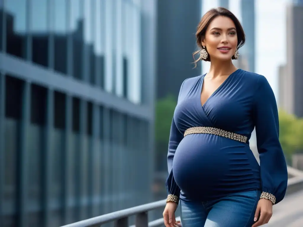 Moda maternidad plussize: estilo y confort en la ciudad Una mujer embarazada con una sonrisa radiante, viste jeans maternales tallas plus size en un entorno urbano