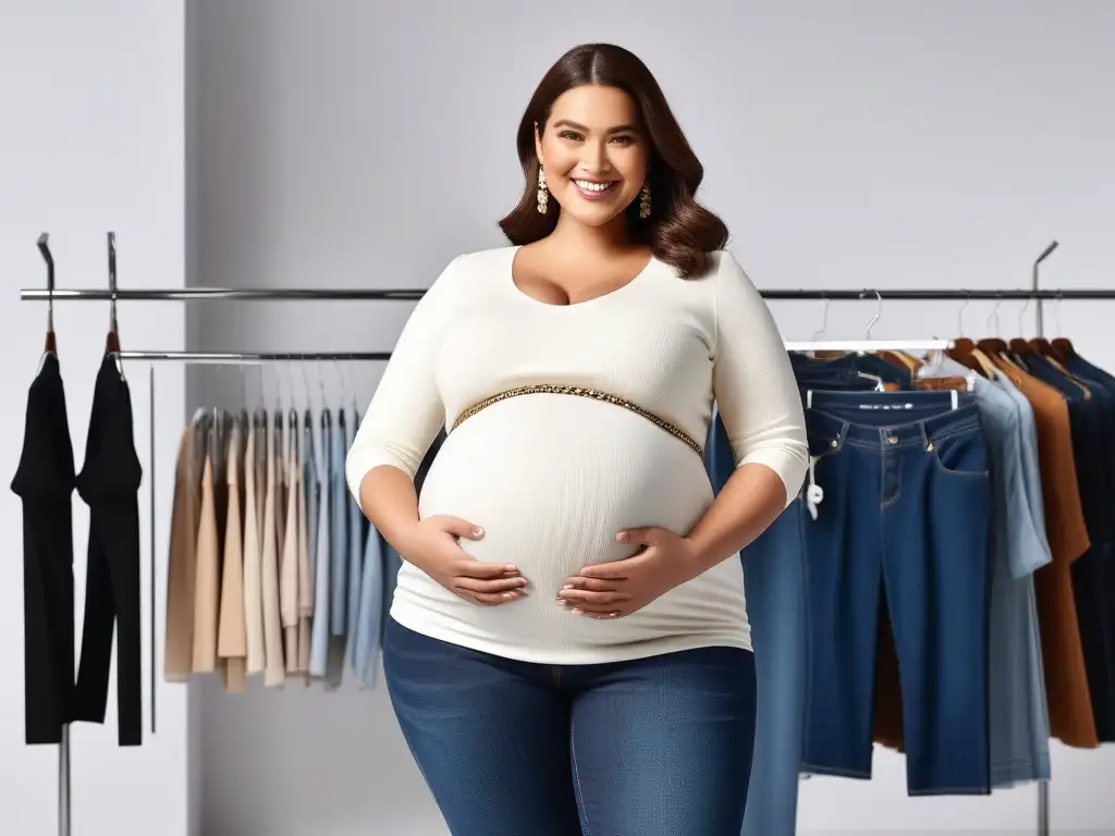 Embarazada feliz: moda plus size en boutique chic Una mujer embarazada de talla plus size sonriendo mientras prueba unos elegantes jeans maternales en una boutique moderna