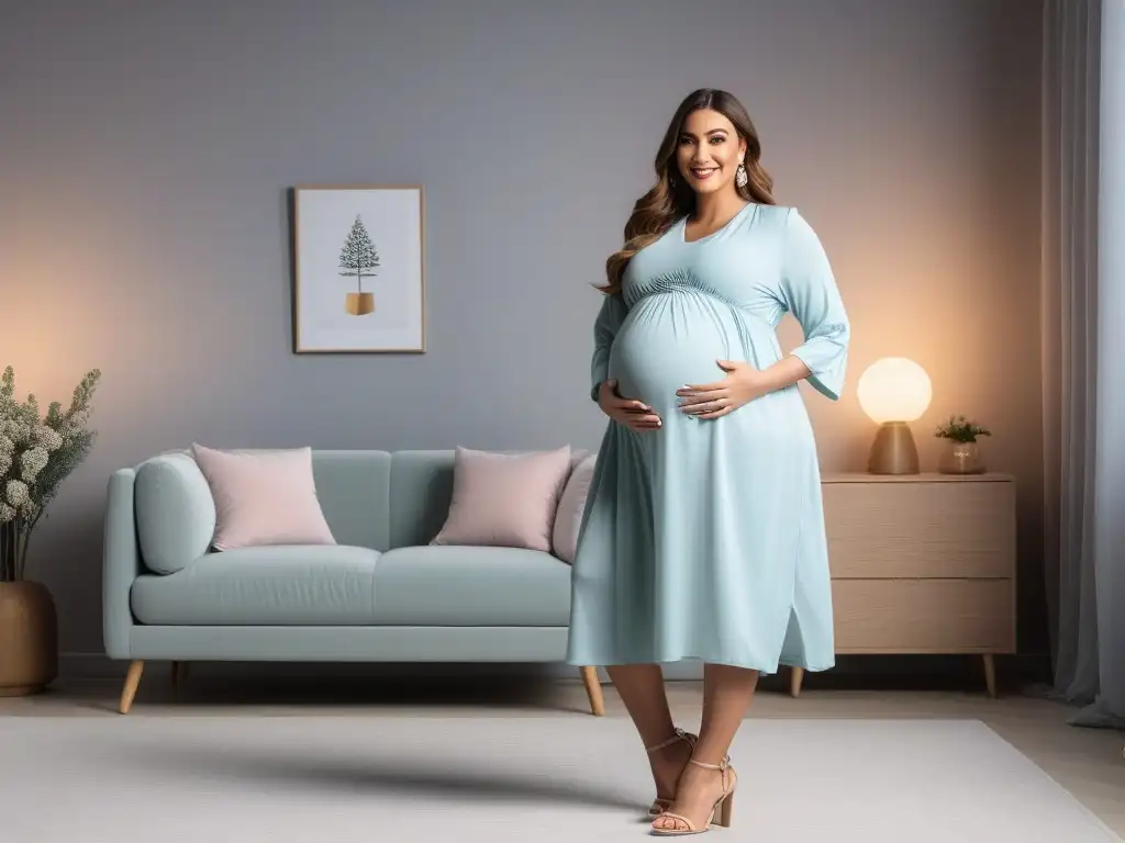 Radiante plussize: Maternidad con estilo en el vivero Una mujer embarazada de talla grande, radiante en su túnica de maternidad plus size, en un ambiente moderno y acogedor de guardería