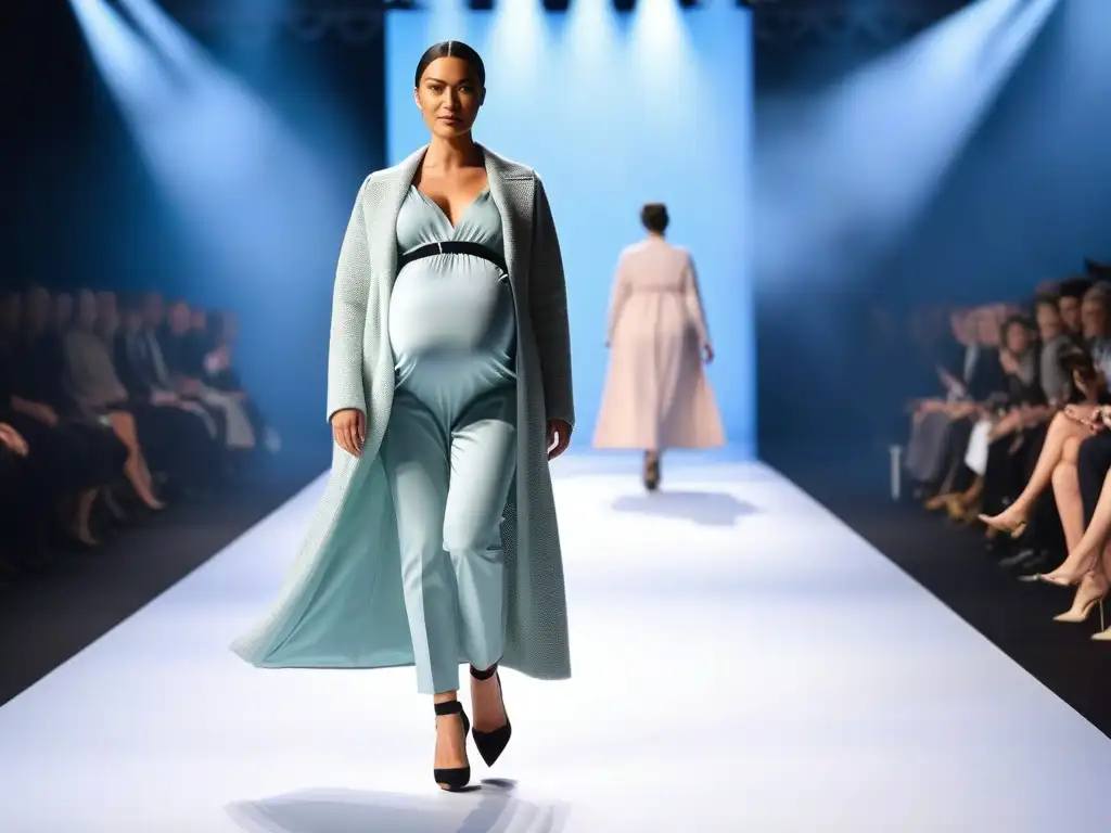 Moda futurista para embarazadas: tecnología wearable en pasarela Una mujer embarazada desfila con tecnología integrada en su atuendo de moda inclusiva para todos los cuerpos