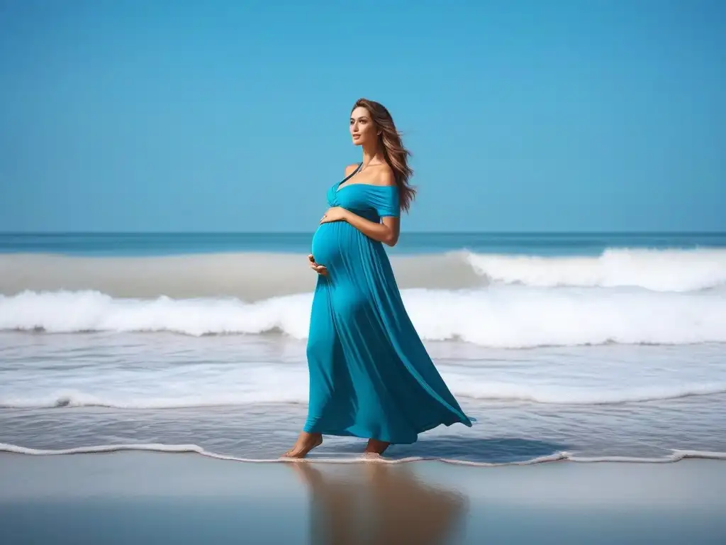 Embarazada en la playa: moda y comodidad para futuras mamás Una mujer embarazada en traje de baño maternidad verano en la playa, mostrando su barriga y disfrutando del paisaje sereno