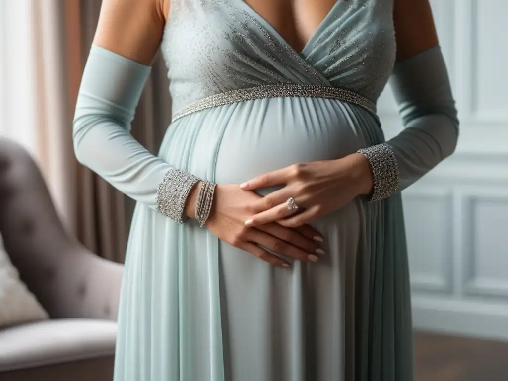 Embarazo sereno: Mujer vestida en tonos pastel acariciando su vientre Una mujer embarazada, vestida elegante con un vestido pastel, acaricia su barriga con un brazalete de huella de bebé
