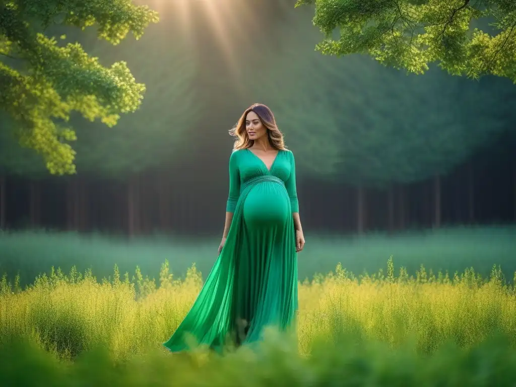 Radiante embarazada en vestido sostenible en campo verde Una mujer embarazada viste un vestido de maternidad sostenible en un campo verde, resaltando la belleza de la moda sostenible durante el embarazo