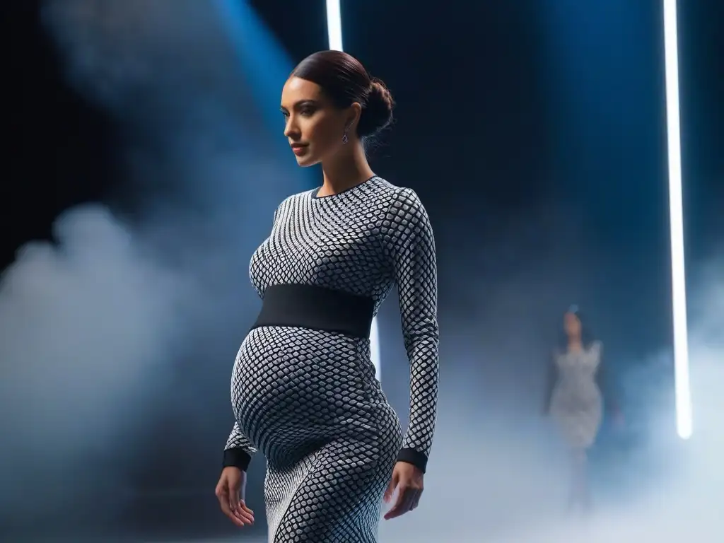 Desfile futurista: Vestido de maternidad 3D impreso en 8k Una mujer embarazada desfilando con un vestido de moda maternidad impresión 3D en una pasarela futurista