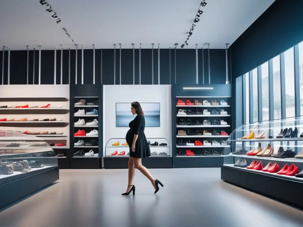 Elegante embarazada con zapatos de diseñadora en tienda de moda Una mujer embarazada viste zapatos de diseñador en una tienda moderna, mostrando comodidad y estilo