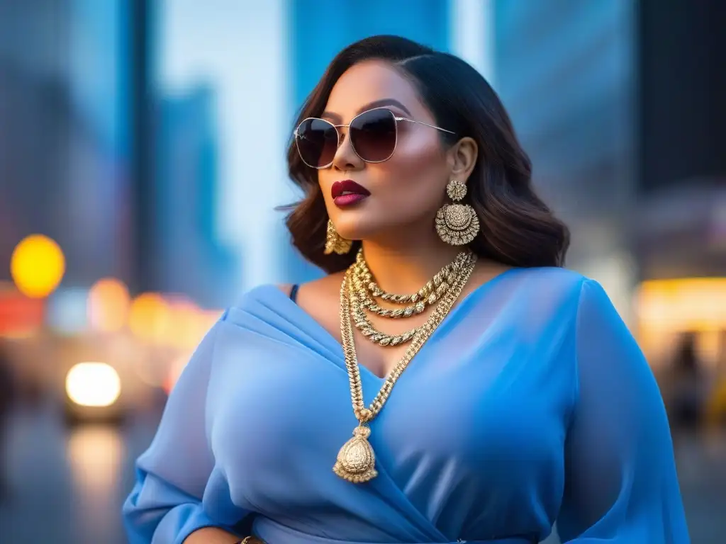 Moda plus size: mujer elegante con accesorios llamativos Mujer plus size con estilo combinando accesorios en outfit chic en la ciudad