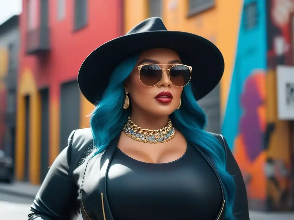 Mujer plus size con estilo: moda urbana y accesorios llamativos Una mujer plus size con estilo luciendo accesorios para look plus size en un entorno urbano moderno