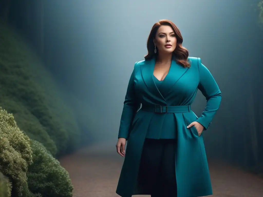 Outfit chic para mujer plus size: estilo y empoderamiento Una mujer plus size con estilo, luciendo un atuendo moderno y chic, en un entorno sofisticado