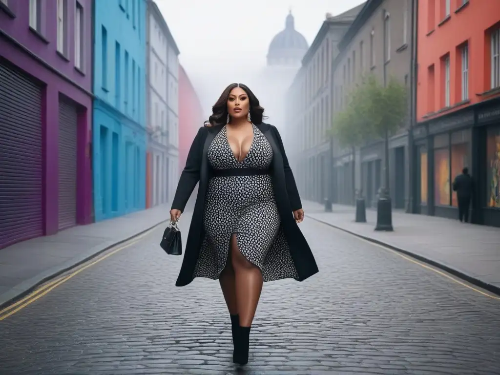 Empoderamiento plussize en la ciudad: estilo único y confianza Una mujer plus size con estilo camina por la ciudad del 2023, reflejando empoderamiento y moda inclusiva