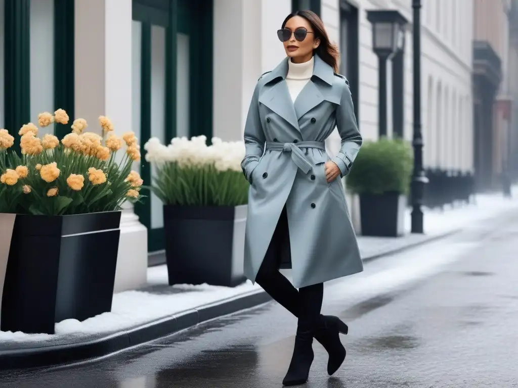Moda transicional para mujeres petite: paseo seguro en la ciudad Una mujer petite camina con estilo por la ciudad en prendas de transición para petite, fusionando invierno y primavera