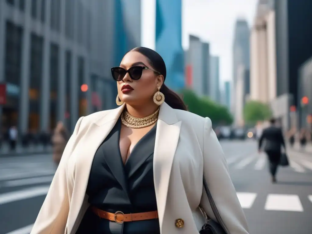 Estilo urbano: mujer plus size segura y chic en la ciudad Una mujer plus size con estilo camina confiada por la ciudad, luciendo accesorios para look plus size
