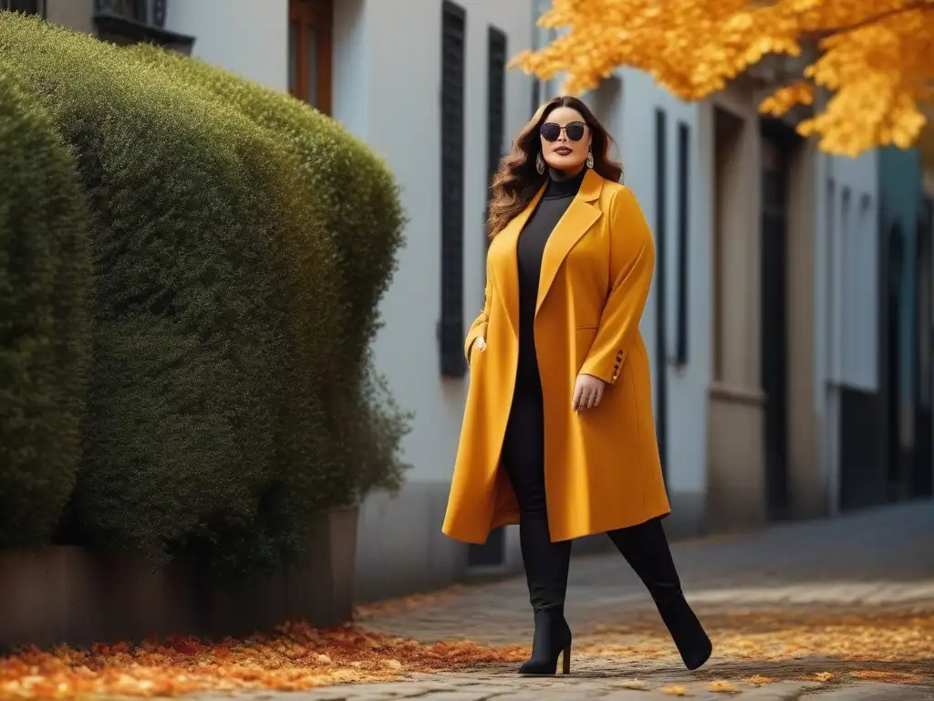 Empoderamiento otoñal: Mujer plus size con estilo en la ciudad Una mujer con estilo plus size camina confiada por la ciudad en un conjunto chic de transición, rodeada de hojas de otoño