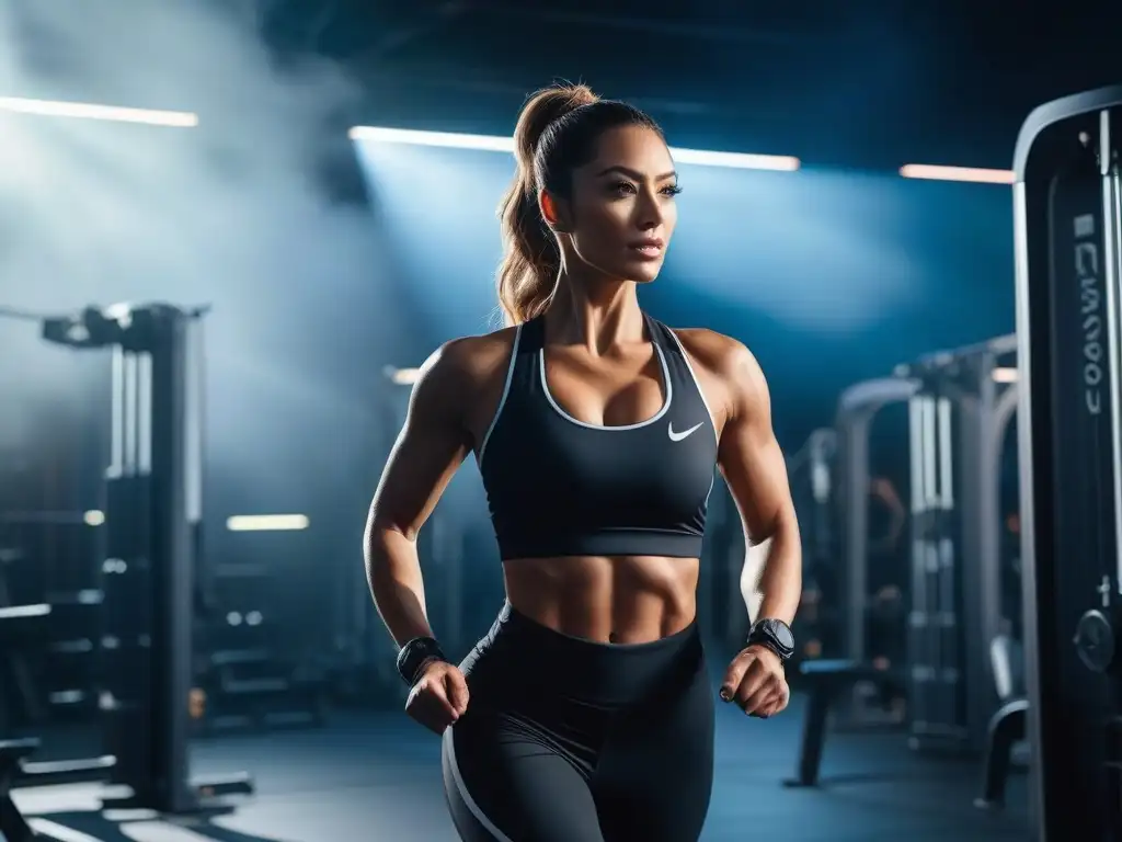 Empoderamiento fitness: mujer elegante y decidida en gym moderno Mujer petite ejercitándose con determinación en un gimnasio moderno