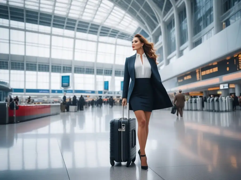 Elegancia en el aeropuerto: mujer glamurosa con estilo premium Una mujer glamurosa en un elegante atuendo de alta moda deslizándose sin esfuerzo por el aeropuerto con una lujosa maleta de mano, irradiando elegancia y estilo