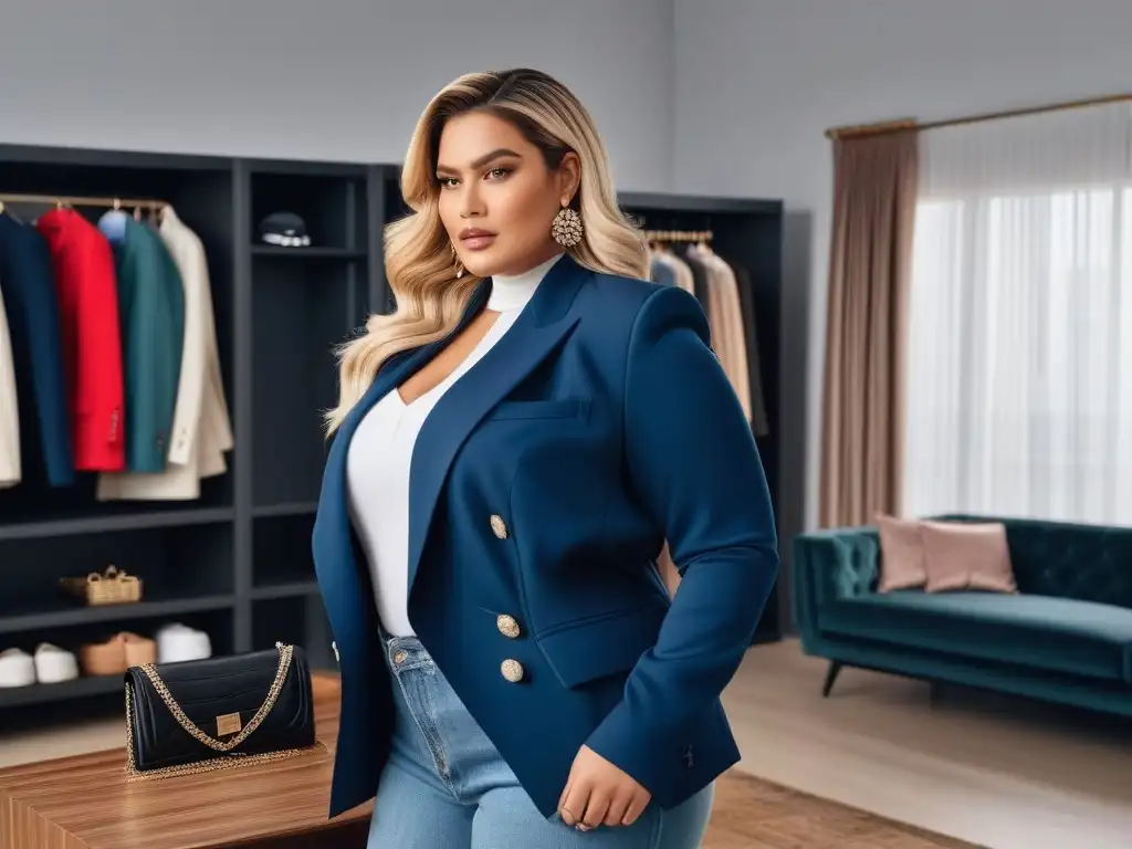 Estilo plus size: Elegancia y confianza en un blazer oversized Una mujer plus size con blazer y jeans, en un armario elegante