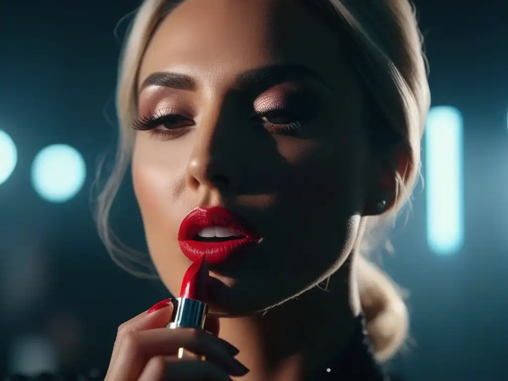 Maquillaje impecable: mujer aplica lápiz labial vibrante en entorno lujoso Una mujer aplica labiales no transfieren duración color en un entorno lujoso y moderno, destacando la intensidad y textura del producto