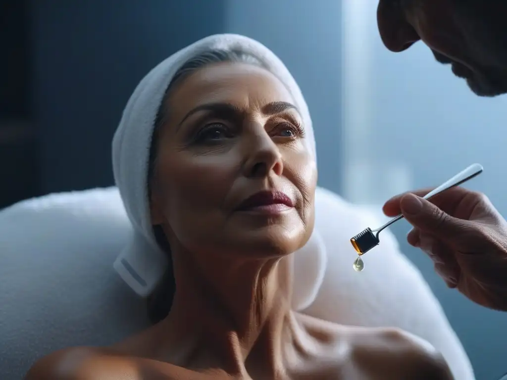 Tratamiento facial rejuvenecedor para piel madura en spa de lujo Una mujer madura disfruta de un tratamiento facial rejuvenecedor en un lujoso spa, rodeada de productos de belleza