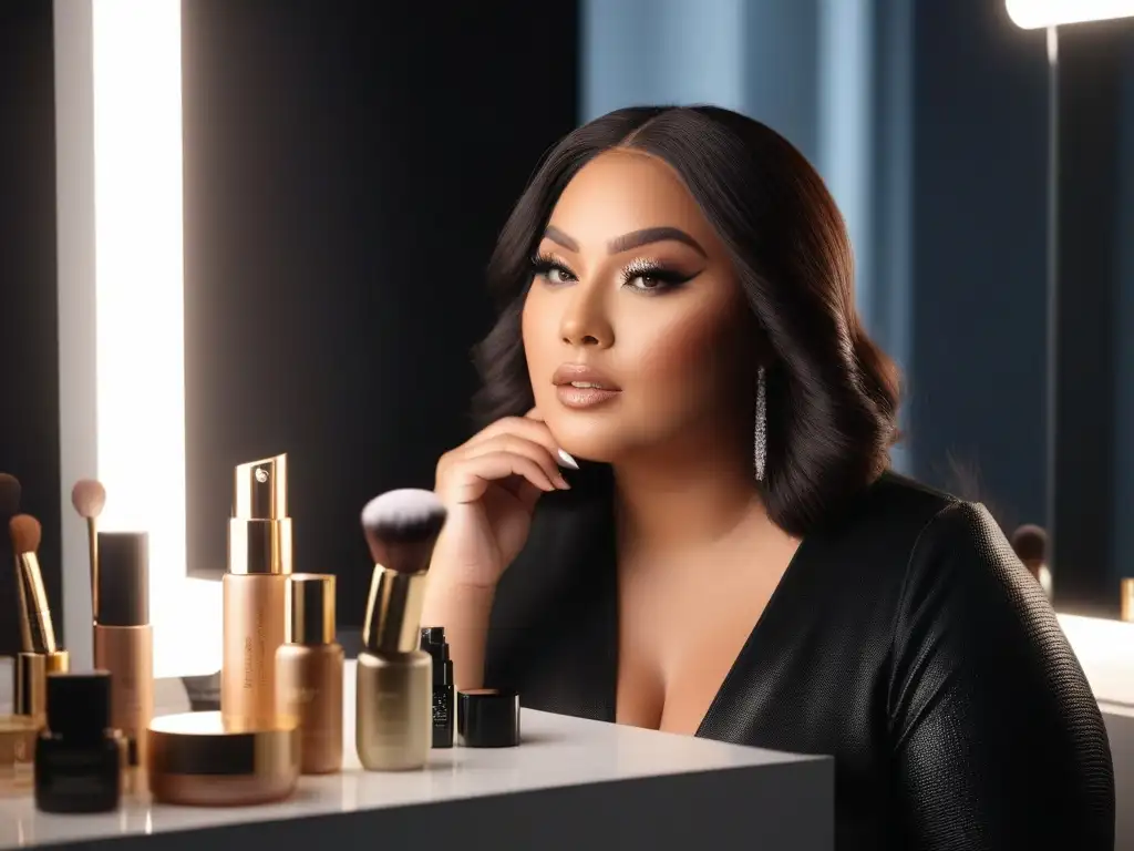 Maquillaje de lujo para mujer plus size en elegante estudio de belleza Una mujer plus size segura aplica maquillaje frente a un espejo rodeada de productos de belleza, en un elegante estudio