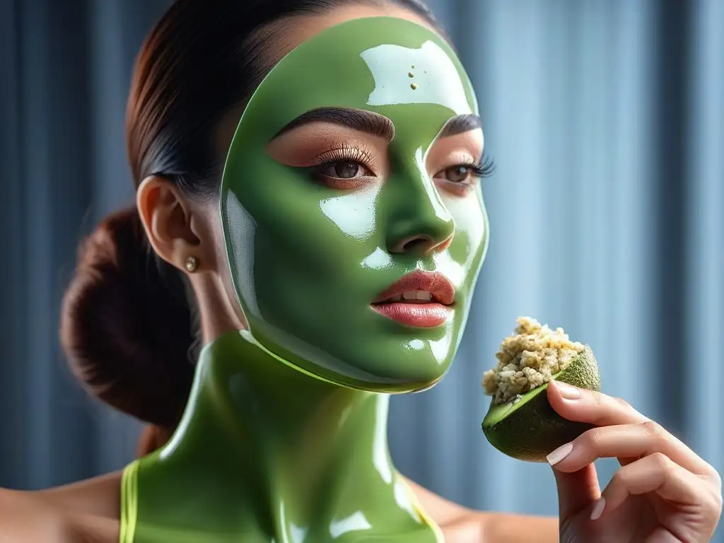 Rostro radiante: mujer aplica mascarilla casera de aguacate, miel y avena Una mujer aplicando una mascarilla casera de ingredientes naturales, con piel perfecta y serenidad
