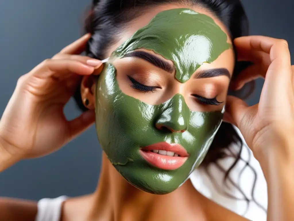 Rutina facial casera con ingredientes naturales Una mujer aplica una mascarilla casera en su rostro, con ingredientes naturales como aguacate, miel y sábila
