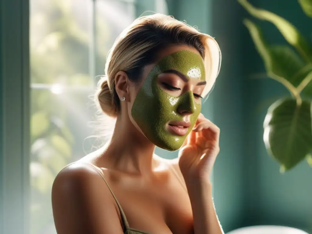 Rutina eco-friendly: mascarilla casera con aguacate Una mujer aplica mascarilla facial casera de aguacate, miel y avena en un baño luminoso lleno de plantas verdes