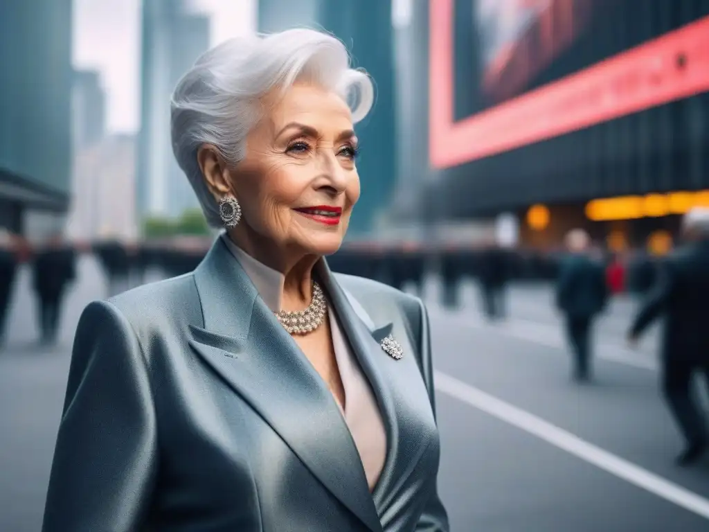 Estilo y empoderamiento: moda y autoestima en la edad dorada Una mujer mayor con cabello plateado y ropa vibrante, reflejando confianza y estilo en una ciudad moderna