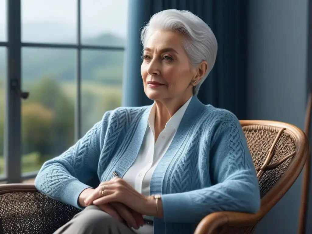 Confort y elegancia: ropa de calidad para adultos mayores Mujer mayor con cabello plateado en cardigan cómodo, sentada junto a ventana con vistas a jardín sereno