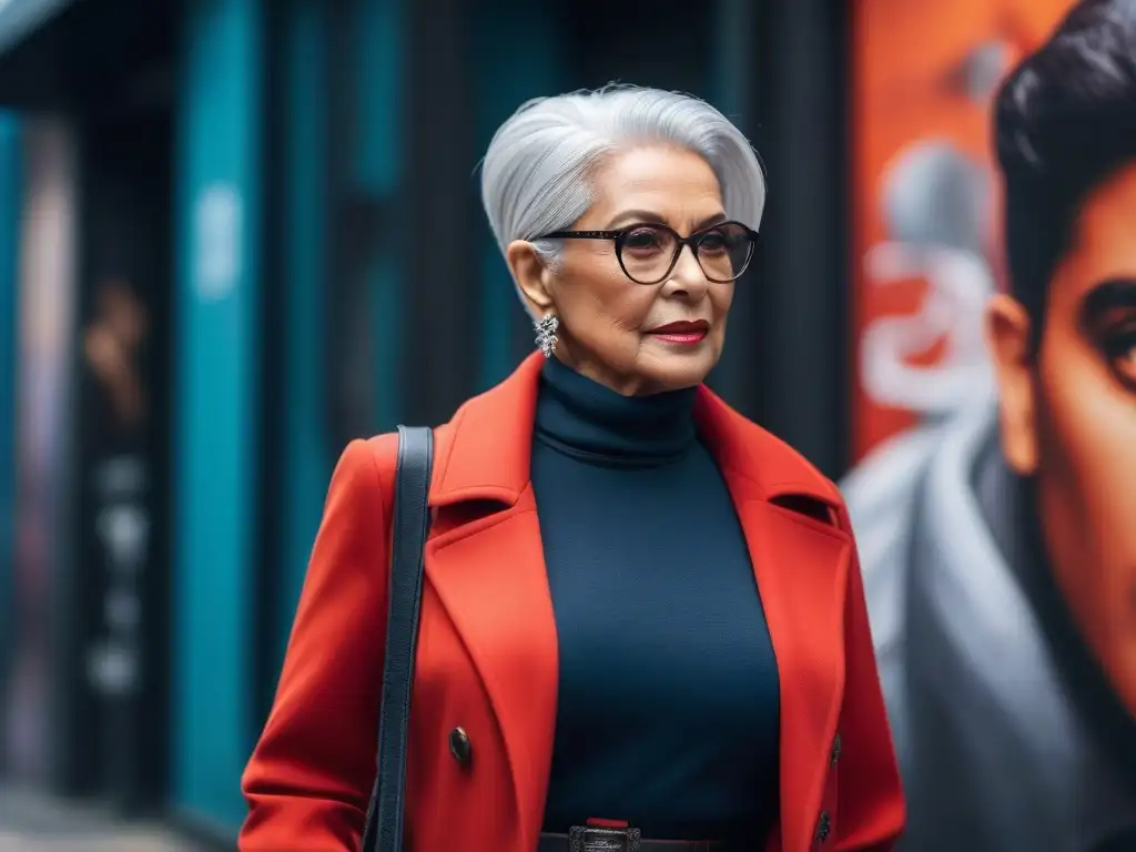 Empoderamiento de la moda inclusiva en la ciudad Una mujer mayor con cabello plateado, luciendo un atuendo inclusivo que realza su figura única