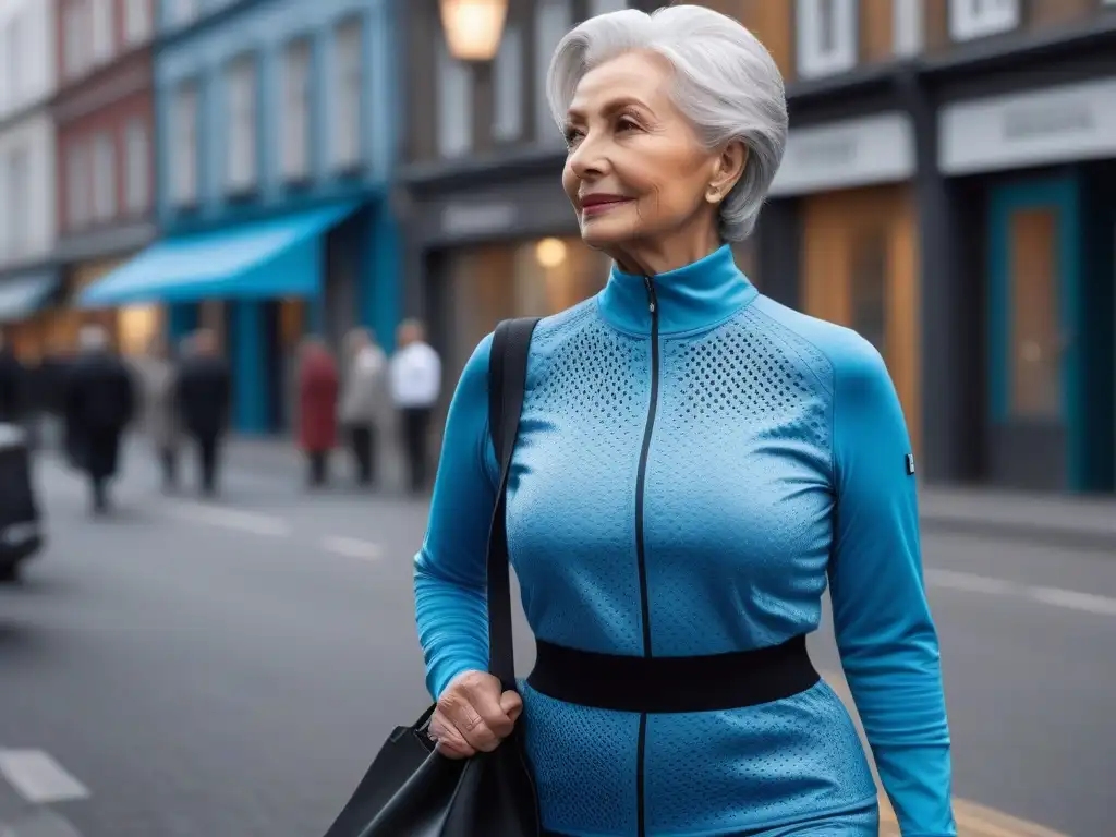 Moda y funcionalidad: compresión elegante para adultos mayores Una mujer mayor con cabello plateado, viste elegante prenda de compresión para seniors en entorno urbano sofisticado