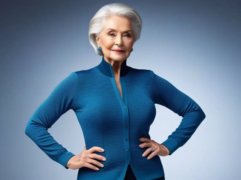 Moda funcional para seniors: elegancia y vitalidad en cada detalle Una mujer mayor con cabello plateado modela una moderna prenda de compresión para seniors en un estudio de moda de alto nivel