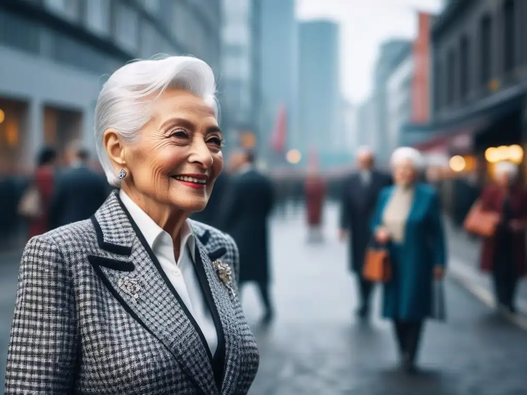Moda inclusiva: mujer mayor irradia confianza entre diversidad Una mujer mayor con cabello plateado, viste con estilo elegante, rodeada de diversidad generacional y étnica en la ciudad