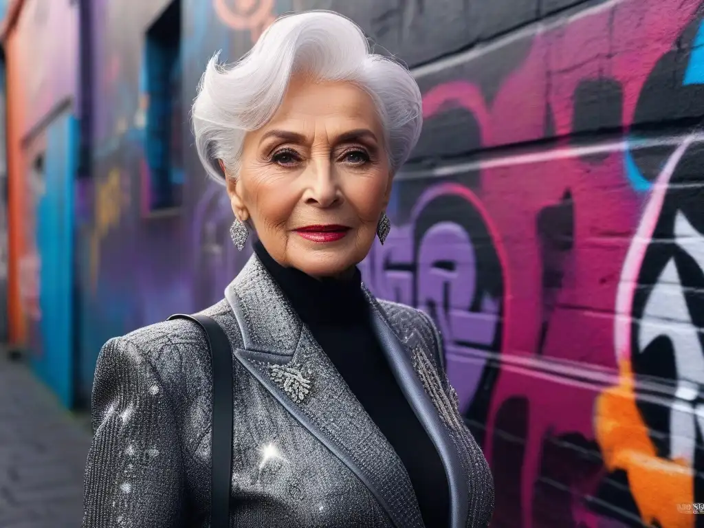 Retrato urbano: Mujer mayor con estilo frente a graffiti vibrante Una mujer mayor con cabello plateado elegante posa frente a un colorido mural urbano, reflejando estilo y confianza