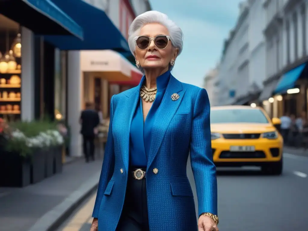 Estilo senior: elegancia y confianza en la ciudad Una mujer mayor con cabello plateado viste un traje elegante en un color vibrante, joyas llamativas y gafas de sol