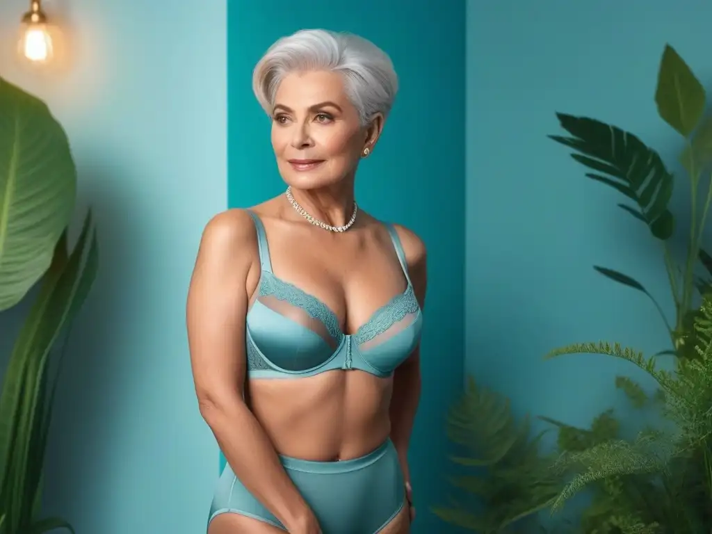 Mujer mayor segura en lencería de calidad y confort en tonos pastel Una mujer mayor con cabello plateado corto y ropa interior para seniors cómoda, de alta calidad, en tono pastel