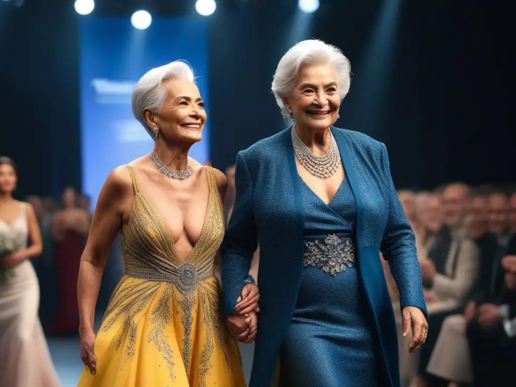 Desfile de moda inclusivo: belleza atemporal brillando en la pasarela Una mujer mayor con cabello plateado desfila con elegancia en una pasarela, rodeada de un público diverso aplaudiendo con entusiasmo