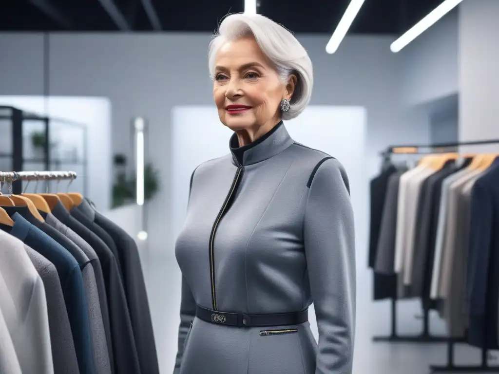 Estilo adaptativo para adultos mayores: moda innovadora en estudio luminoso Una mujer mayor con cabello plateado, viste un atuendo elegante y adaptado para seniors en un estudio de moda luminoso y moderno